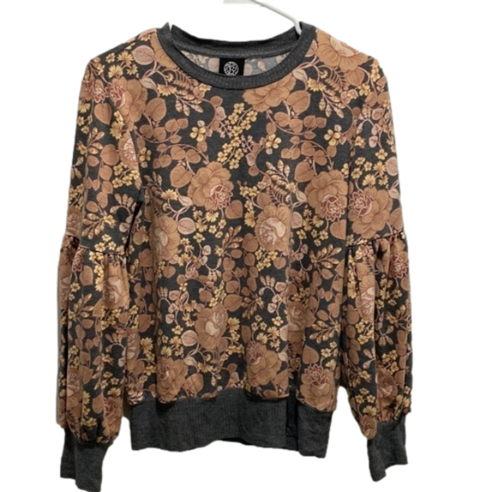 Bobeau floral print lantern sleeve top sweater size small